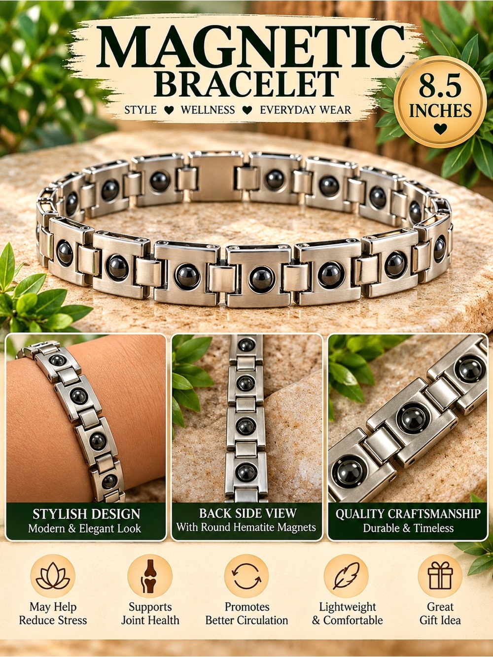 Magnetic Hematite Accent Bracelet — Silver